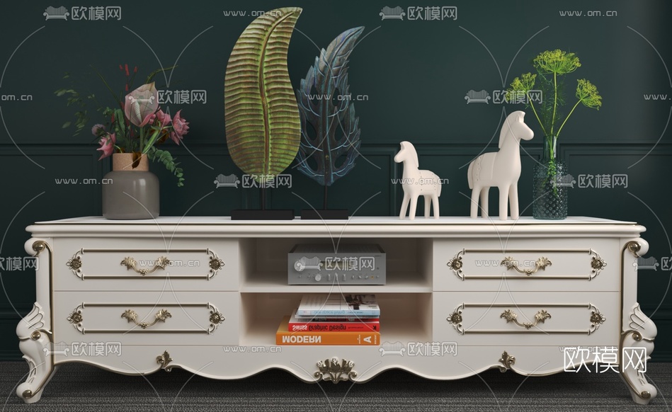 欧式雕花电视柜茶几3d模型下载(渲染图2)