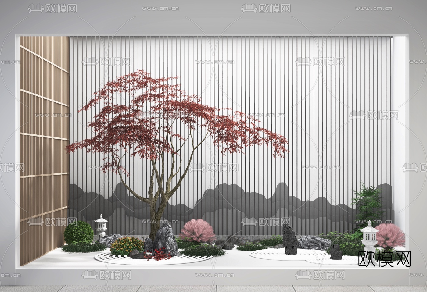 新中式红枫树灌木景观小品3d模型