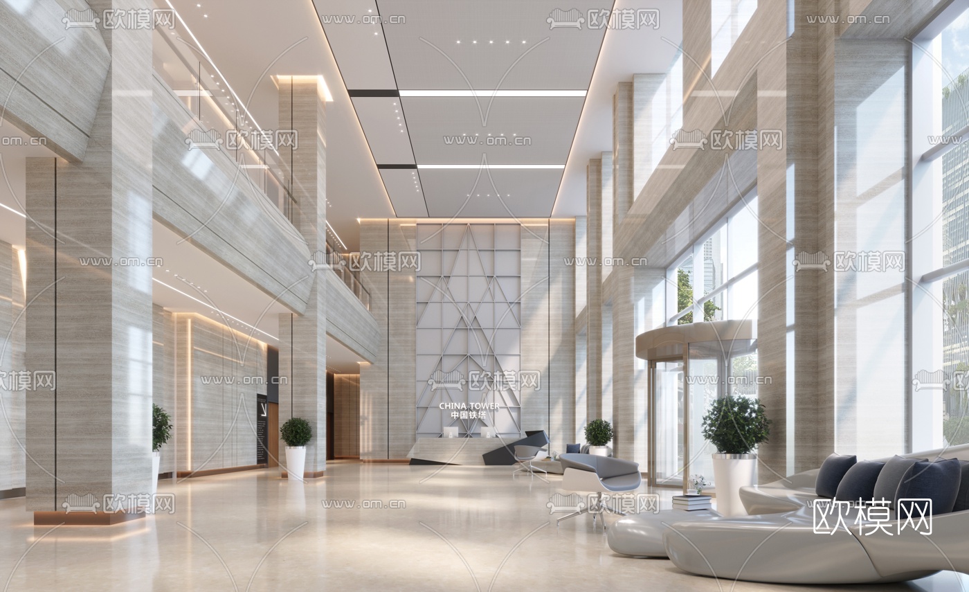 现代办公楼大堂3d模型下载（渲染图1）