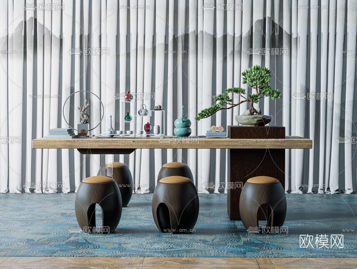 新中式茶桌椅su模型下载