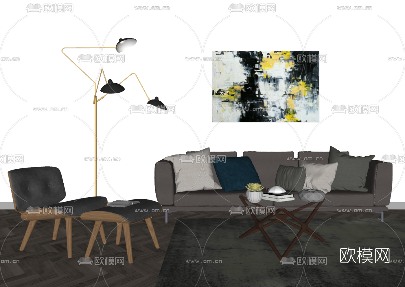 北欧布艺组合沙发su模型下载（渲染图2）
