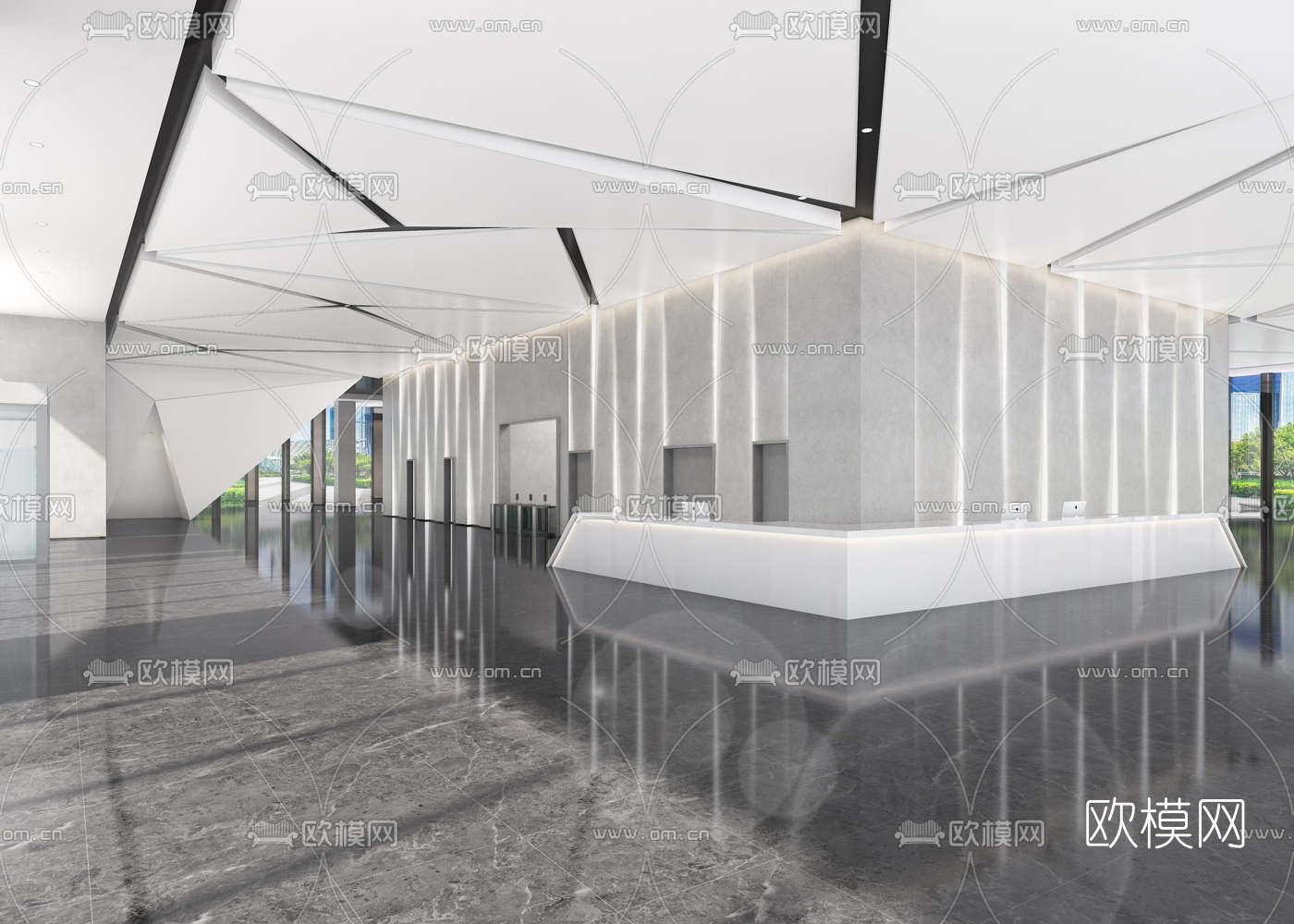现代办公楼前台大堂3d模型下载