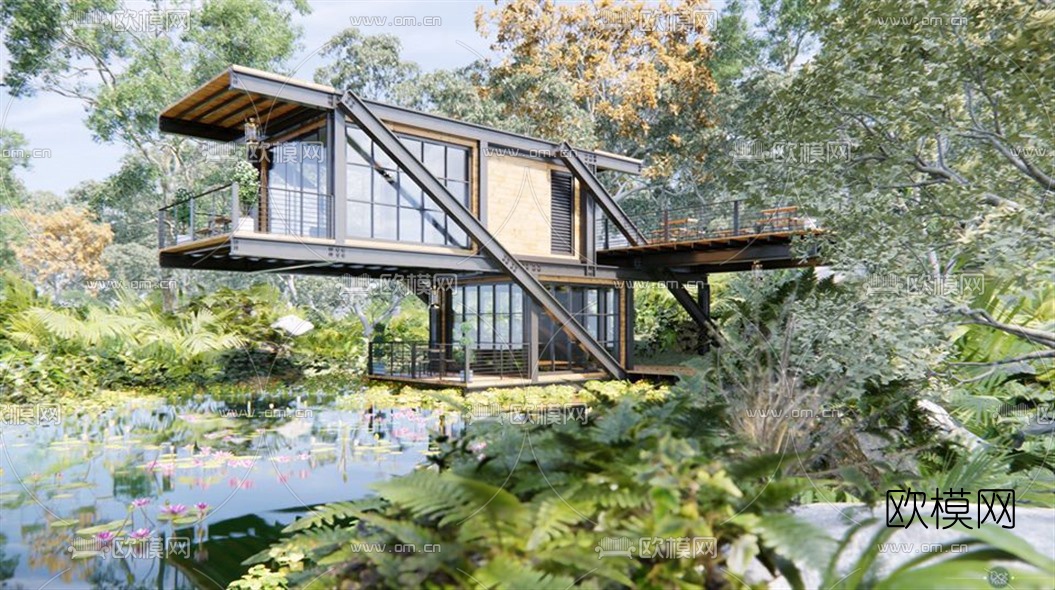 工业风钢架别墅外观su模型下载（渲染图2）