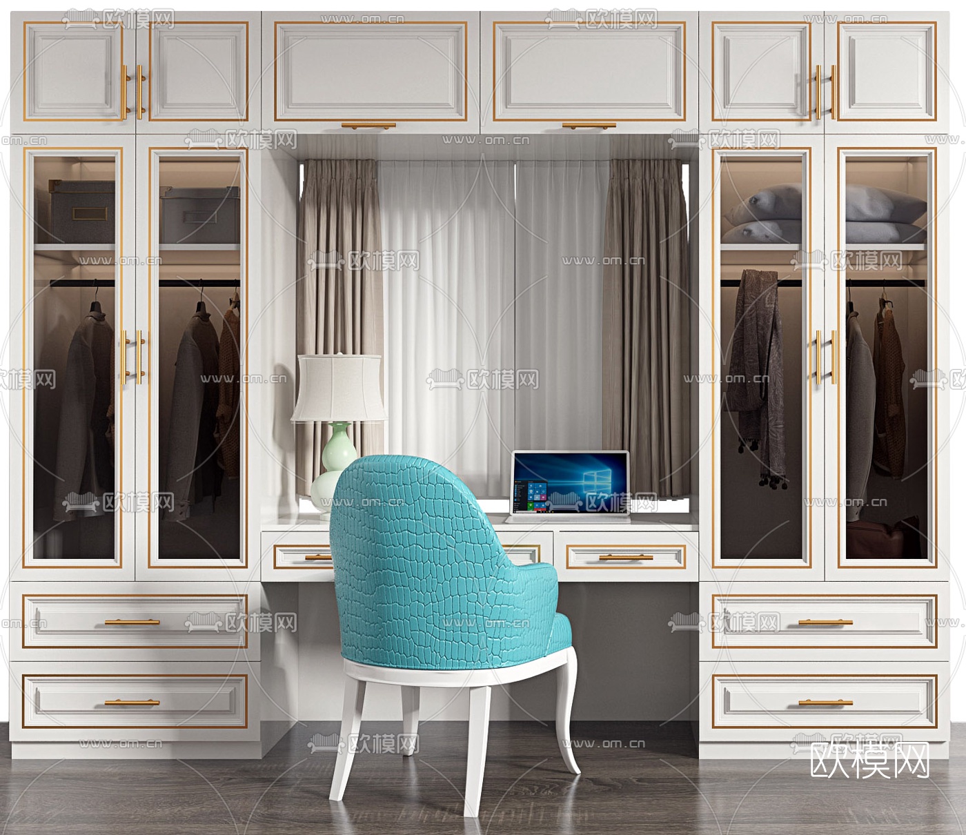 简欧一体式书桌椅飘窗衣柜3d模型下载（渲染图4）