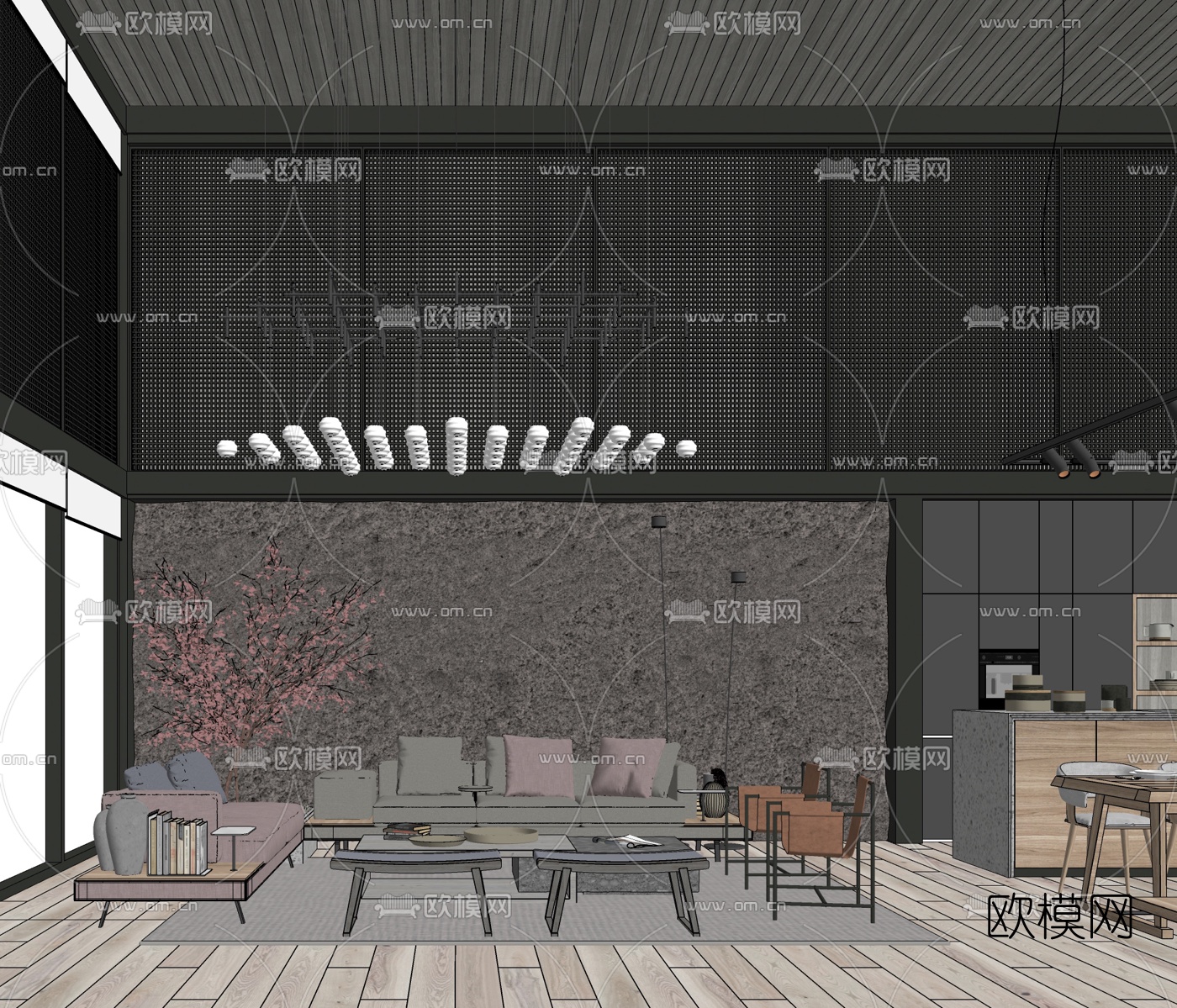 新中式别墅大堂餐厅su模型下载（渲染图4）