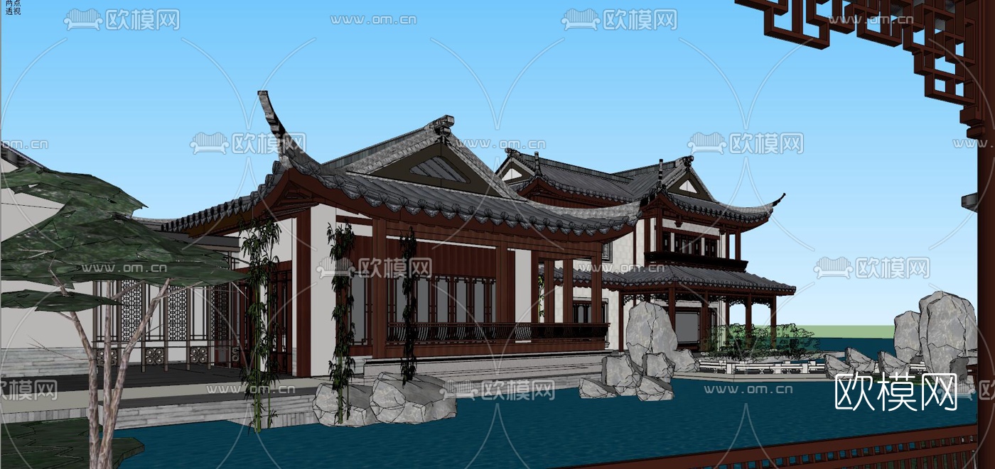 中式古建园林外观su模型