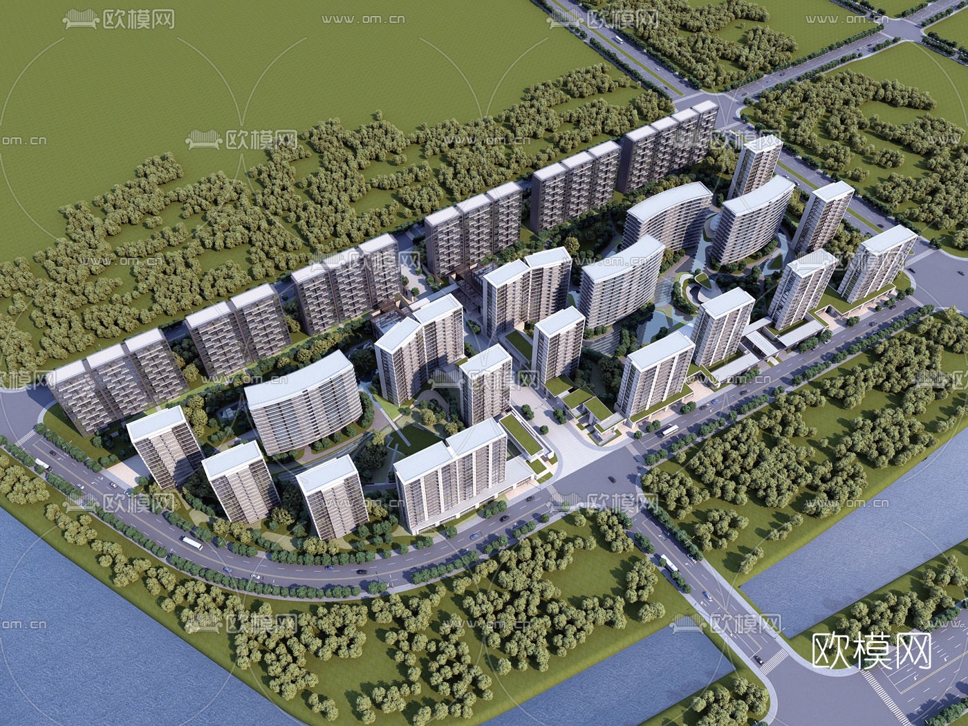 现代住宅区鸟瞰规划3d模型