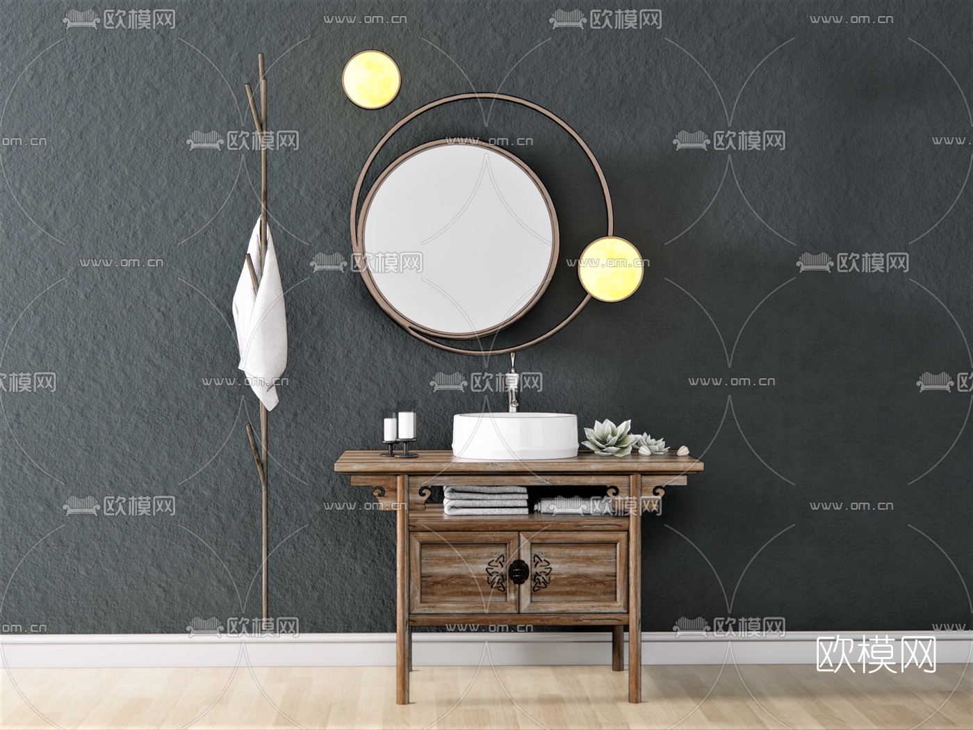 新中式木架洗手台su模型下载（渲染图1）