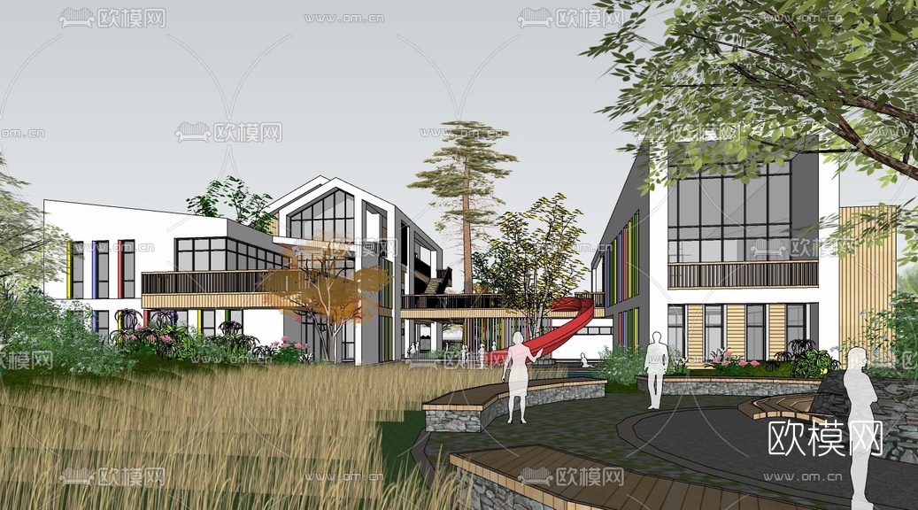 现代幼儿园建筑外观su模型下载（渲染图1）