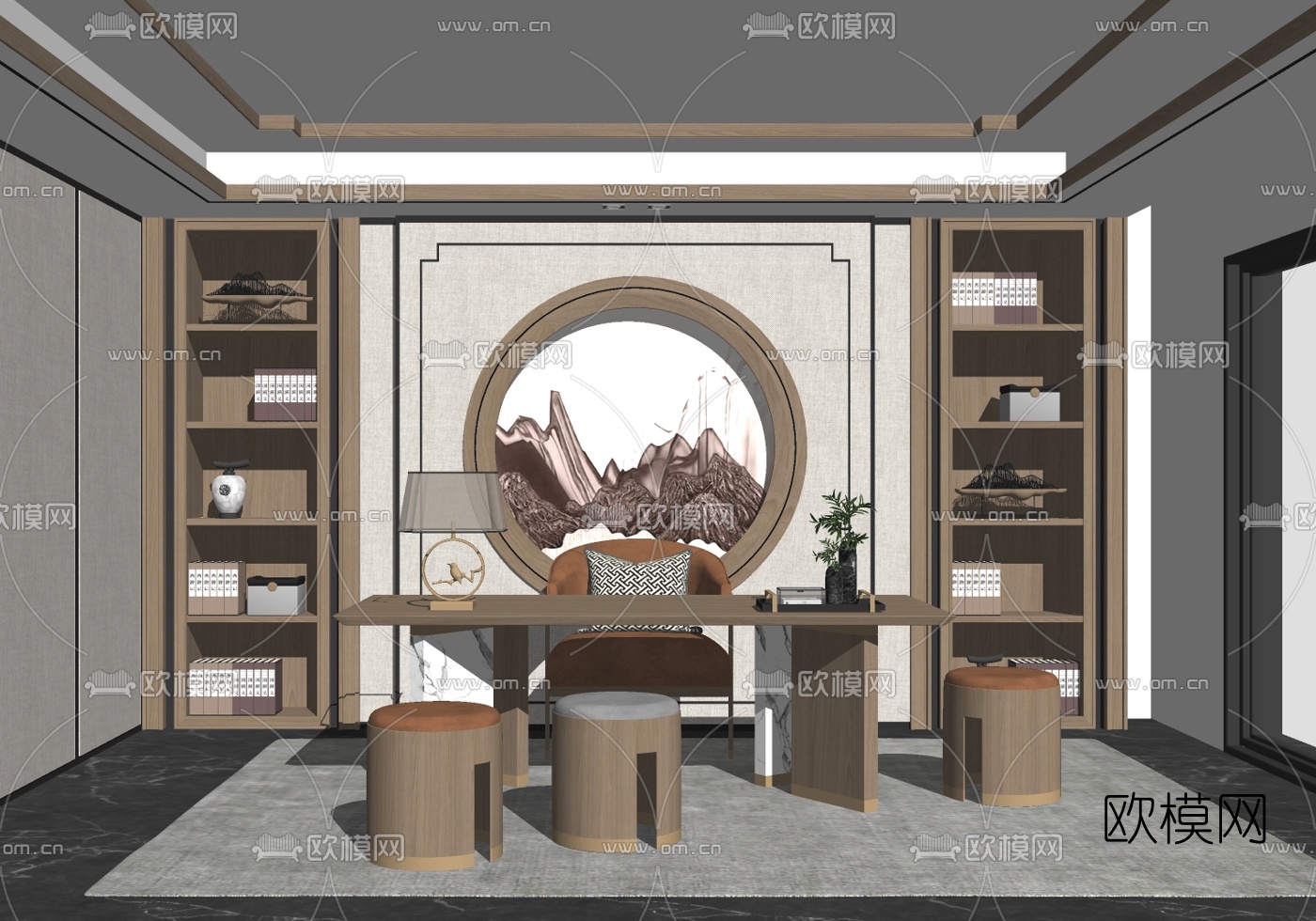 新中式书房su模型下载