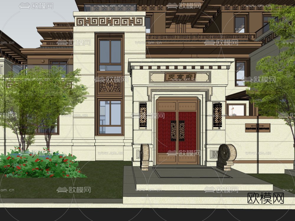 中式连排别墅外观su模型下载（渲染图2）