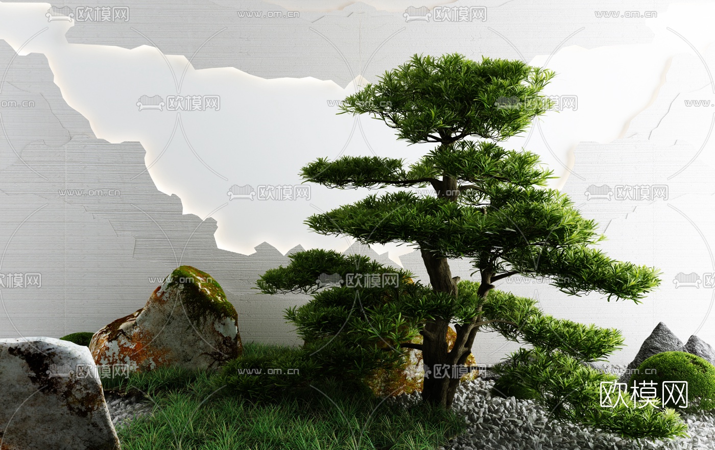 新中式树草假山小品3d模型下载