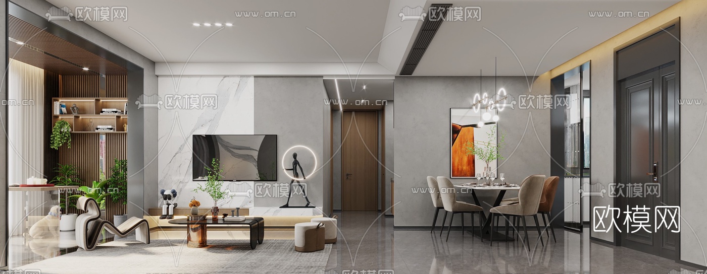 现代客厅餐厅3d模型