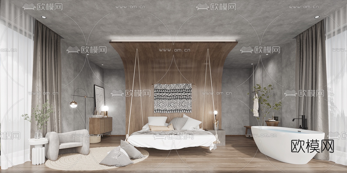 北欧侘寂民宿卧室3d模型下载