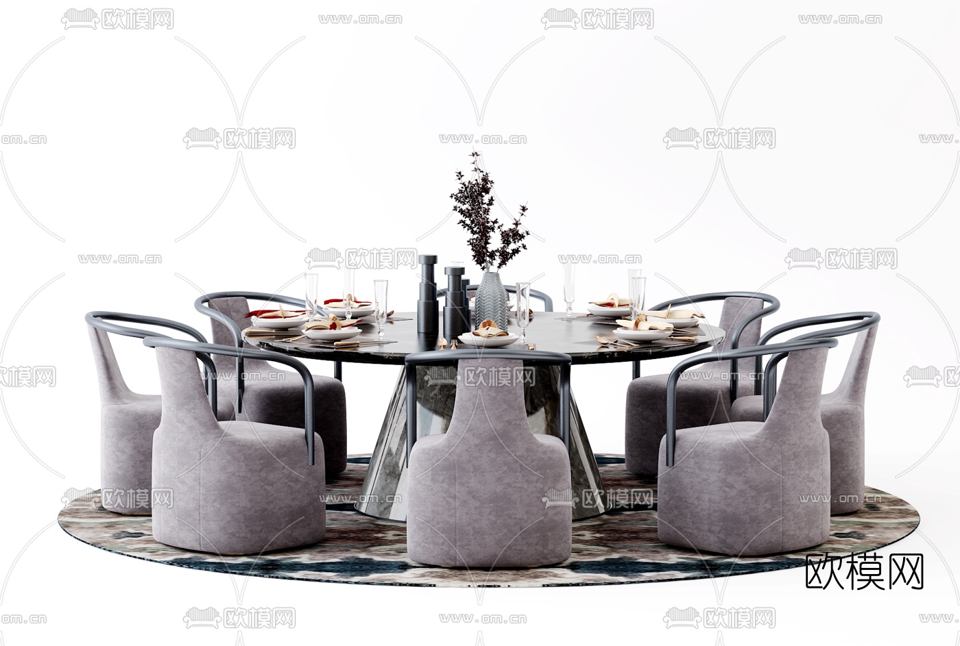 新中式大理石圆形餐桌椅3d模型下载（渲染图3）