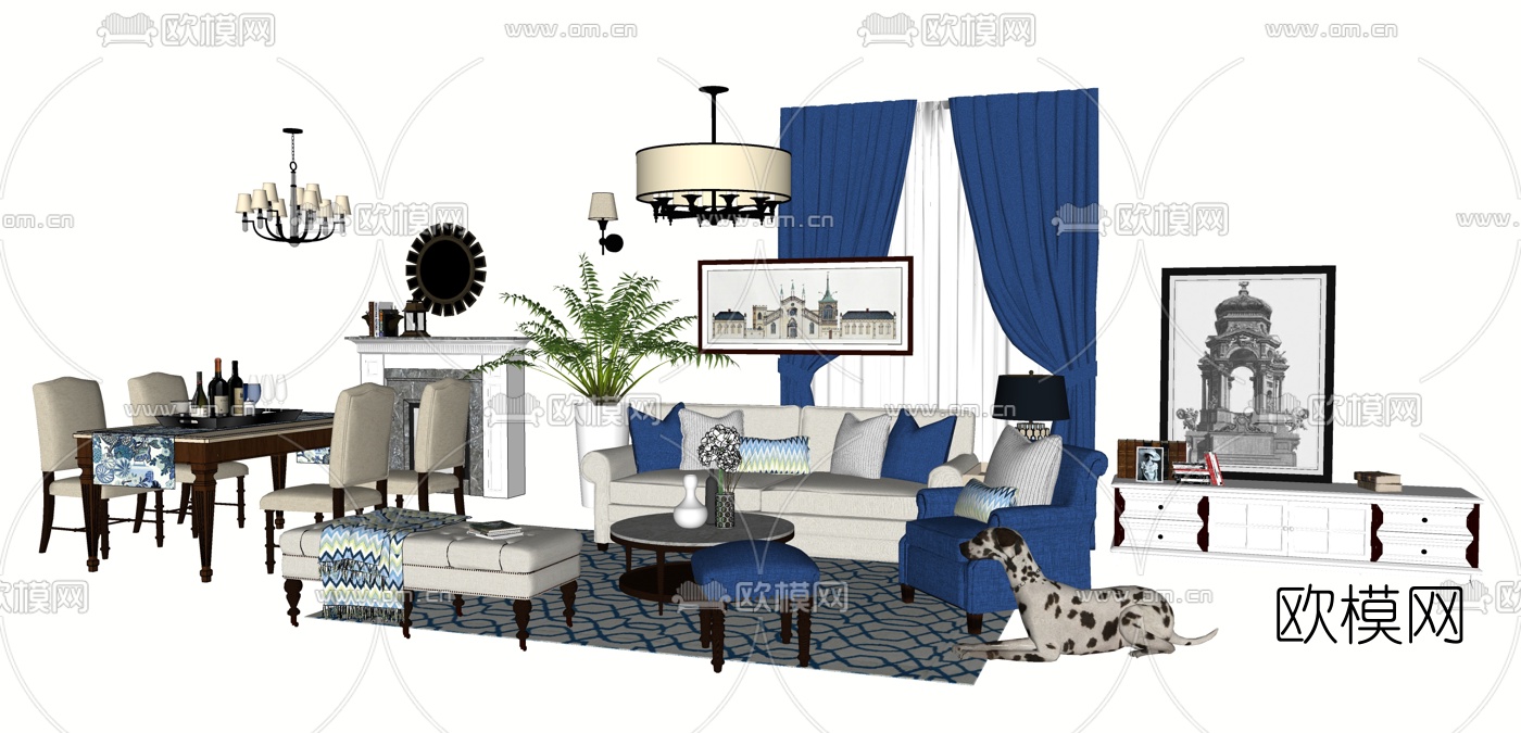 美式布艺组合沙发su模型下载（渲染图2）