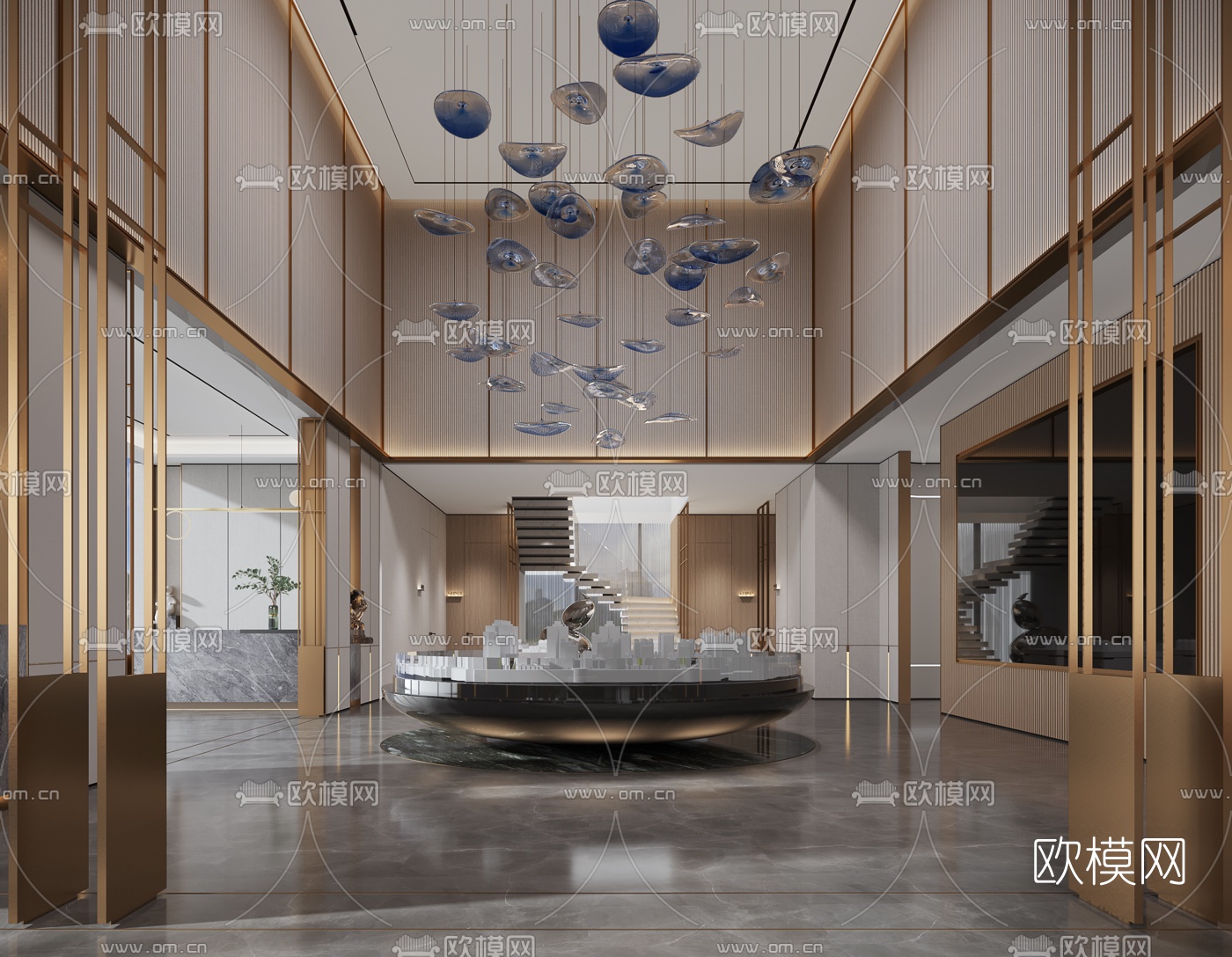 现代轻奢售楼处沙盘区3d模型下载（渲染图1）