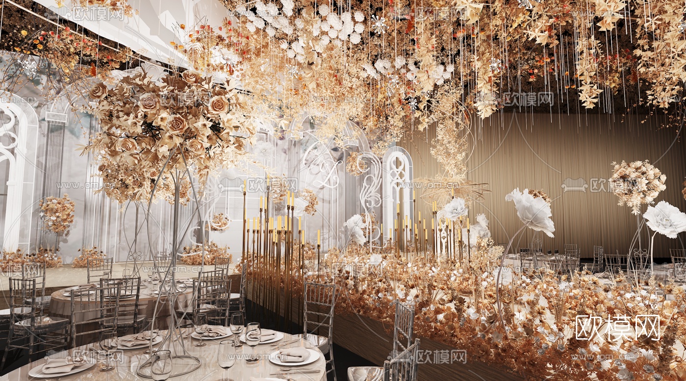 欧式婚礼美陈宴会厅3d模型下载（渲染图4）