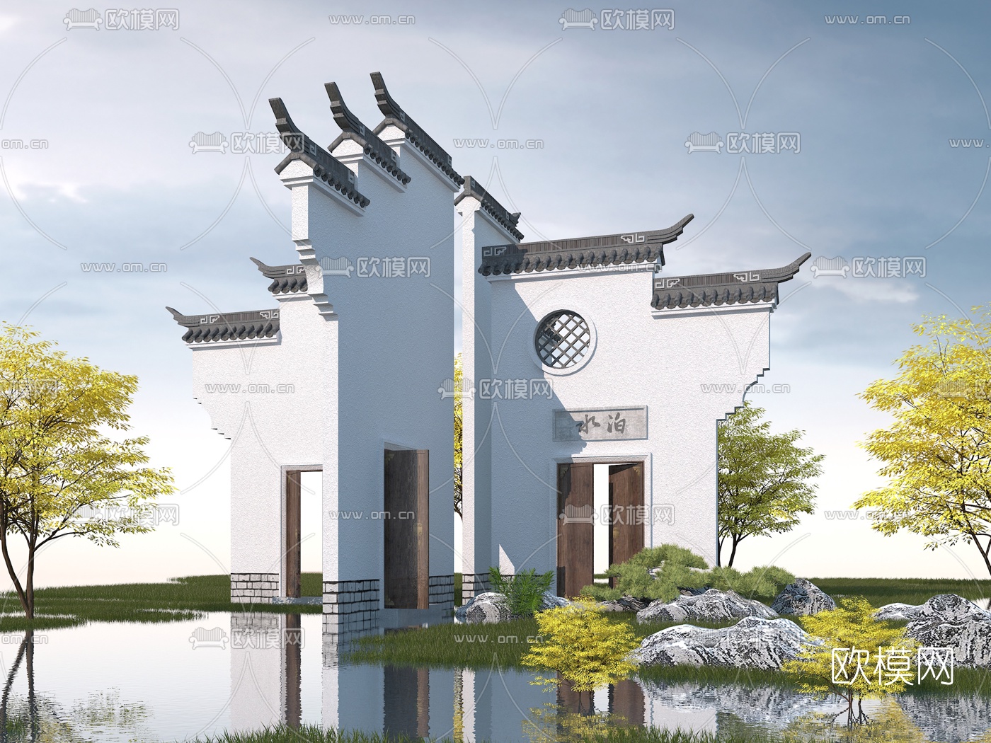 中式徽派园林景观墙3d模型下载
