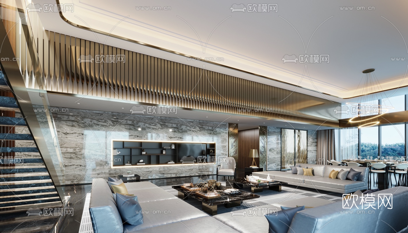 后现代复式客厅餐厅3d模型
