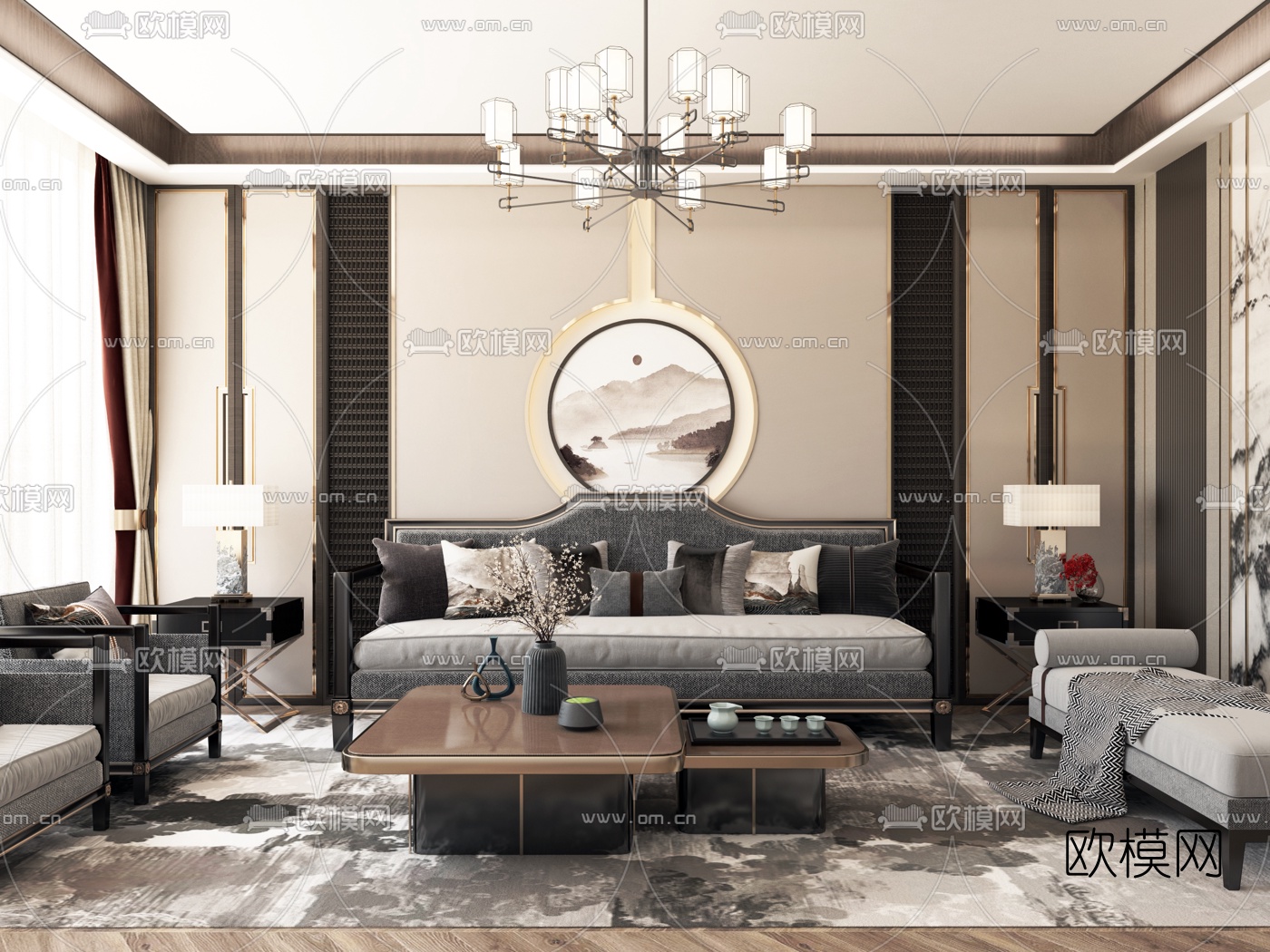 新中式布艺沙发组合3d模型下载