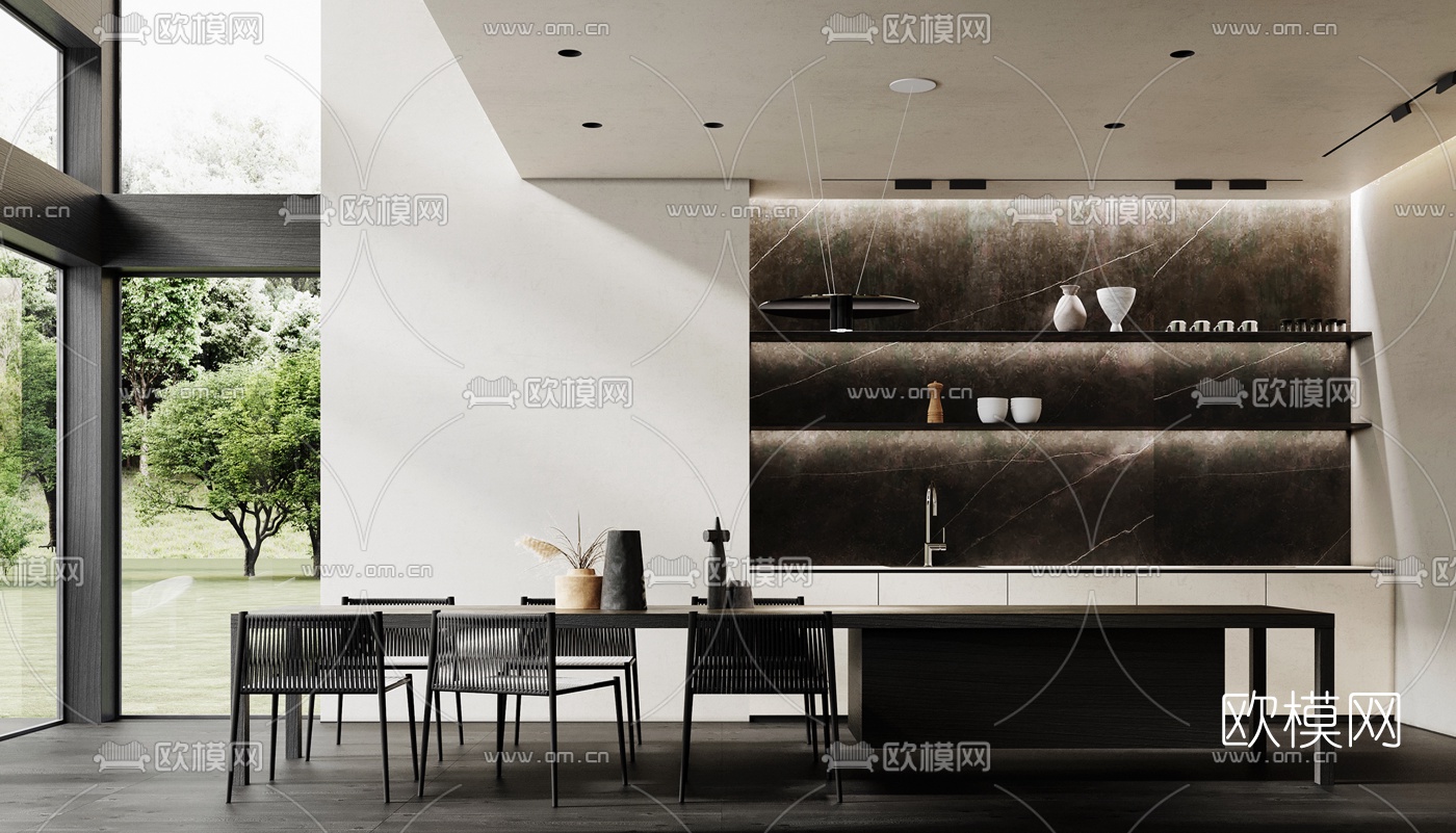 现代高级灰别墅客厅餐厅3d模型下载（渲染图2）