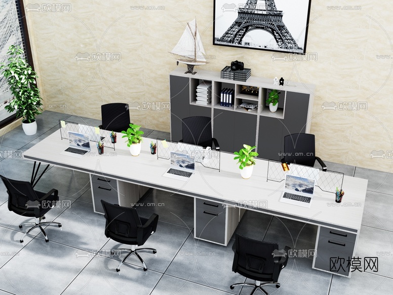现代屏风卡位办公桌椅3d模型下载(渲染图6)