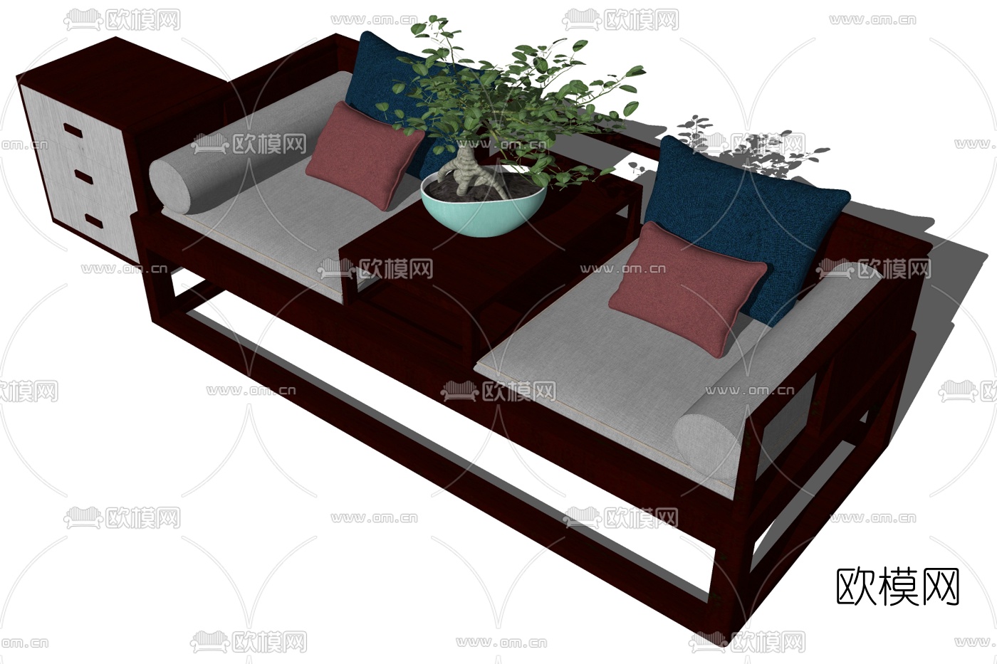 新中式实木双人沙发su模型下载