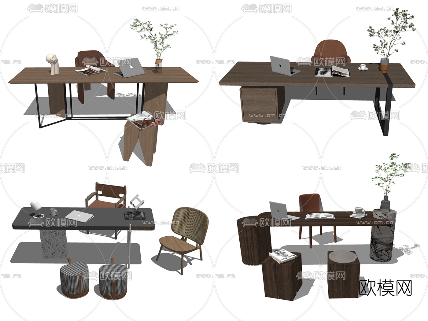 新中式实木书桌椅su模型下载