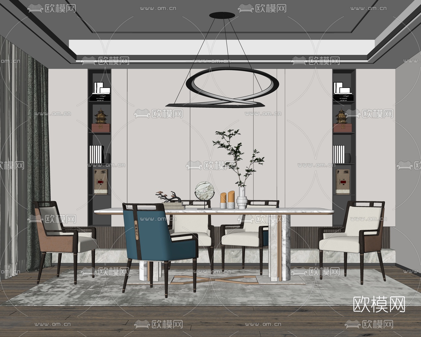 新中式餐厅su模型下载