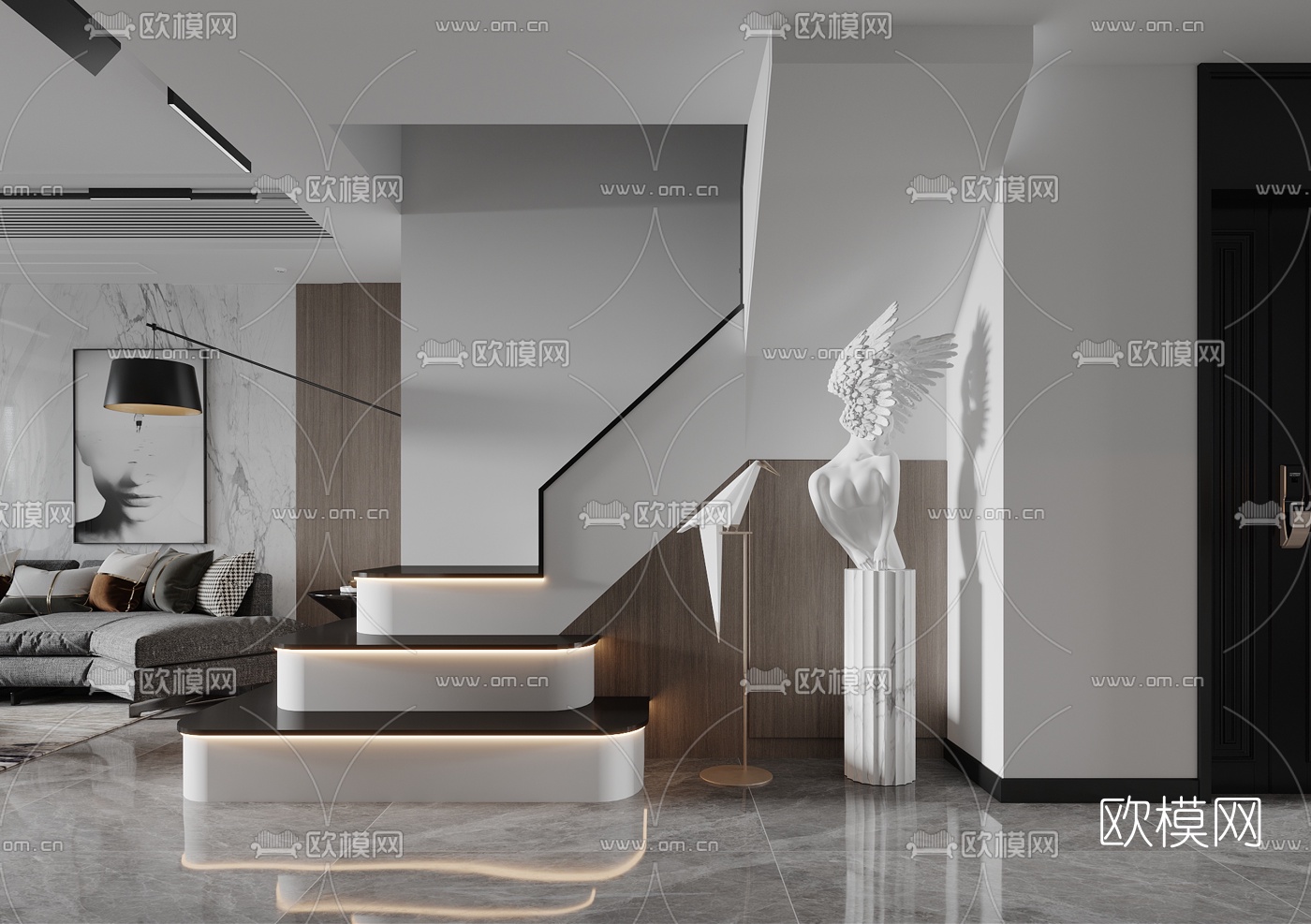 现代复式客厅餐厅3d模型