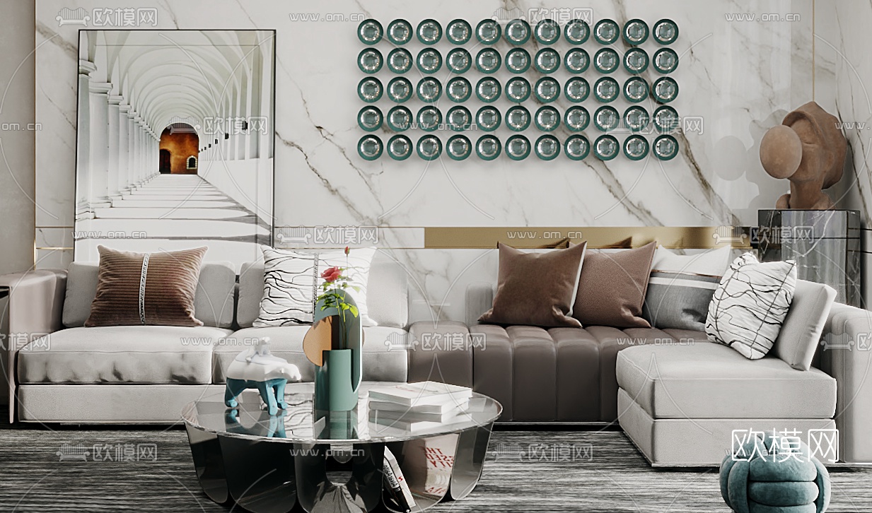 简欧布艺沙发组合3d模型下载（渲染图2）