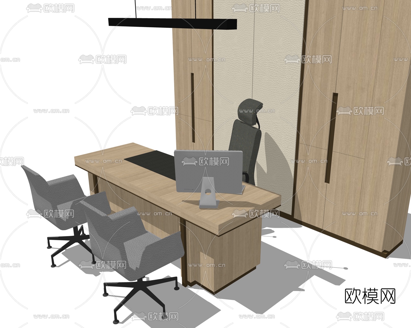 现代实木班台桌su模型下载（渲染图2）