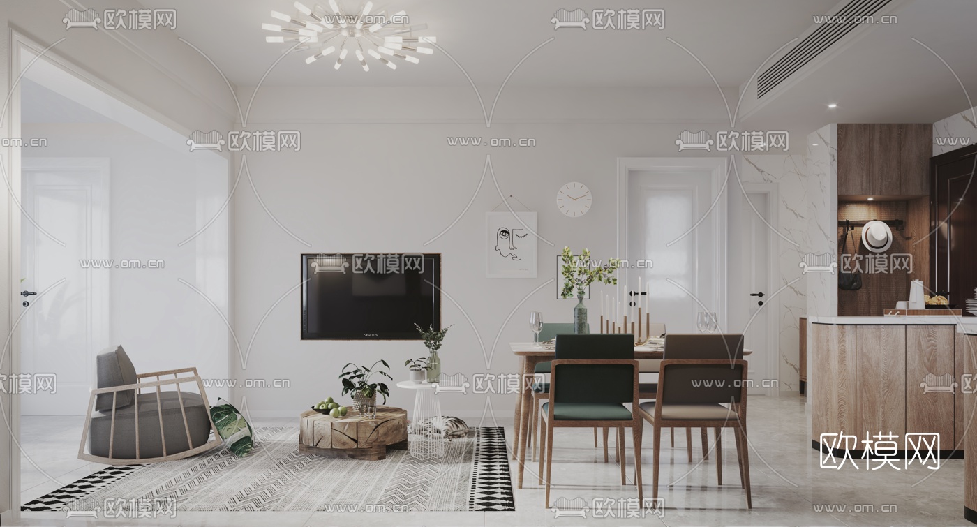 北欧公寓客厅餐厅3d模型下载（渲染图2）