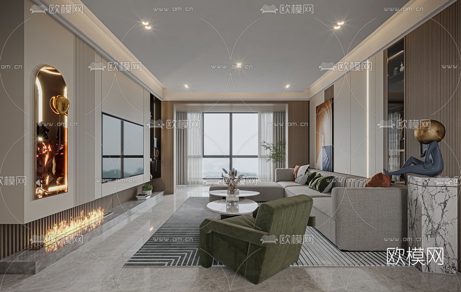 现代轻奢客厅餐厅3d模型下载(渲染图4)