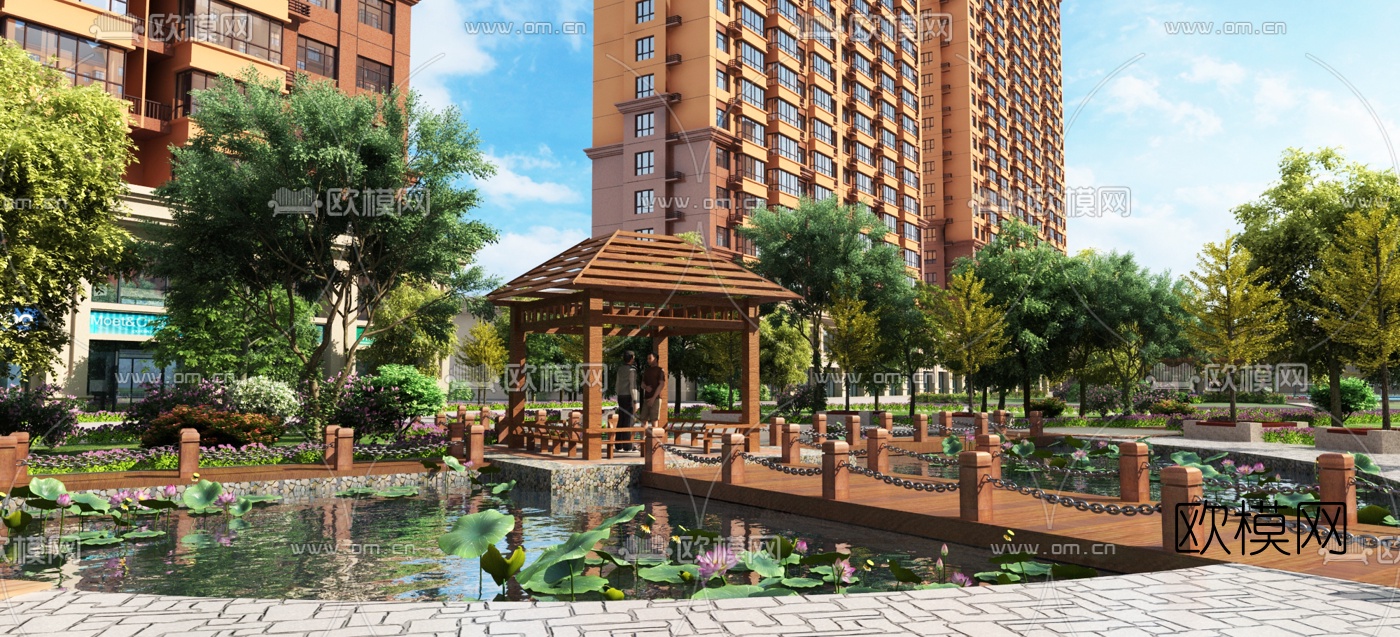 现代住宅小区亭子池塘景观3d模型下载