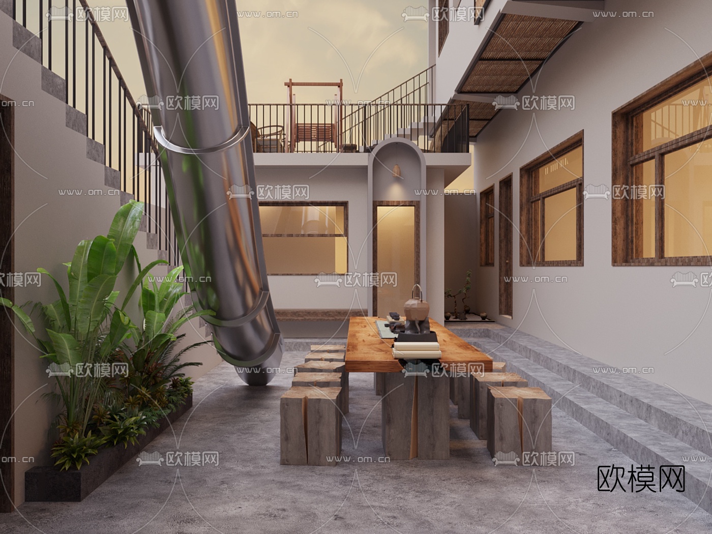 现代民居小院鸟瞰免费3d模型下载（渲染图3）