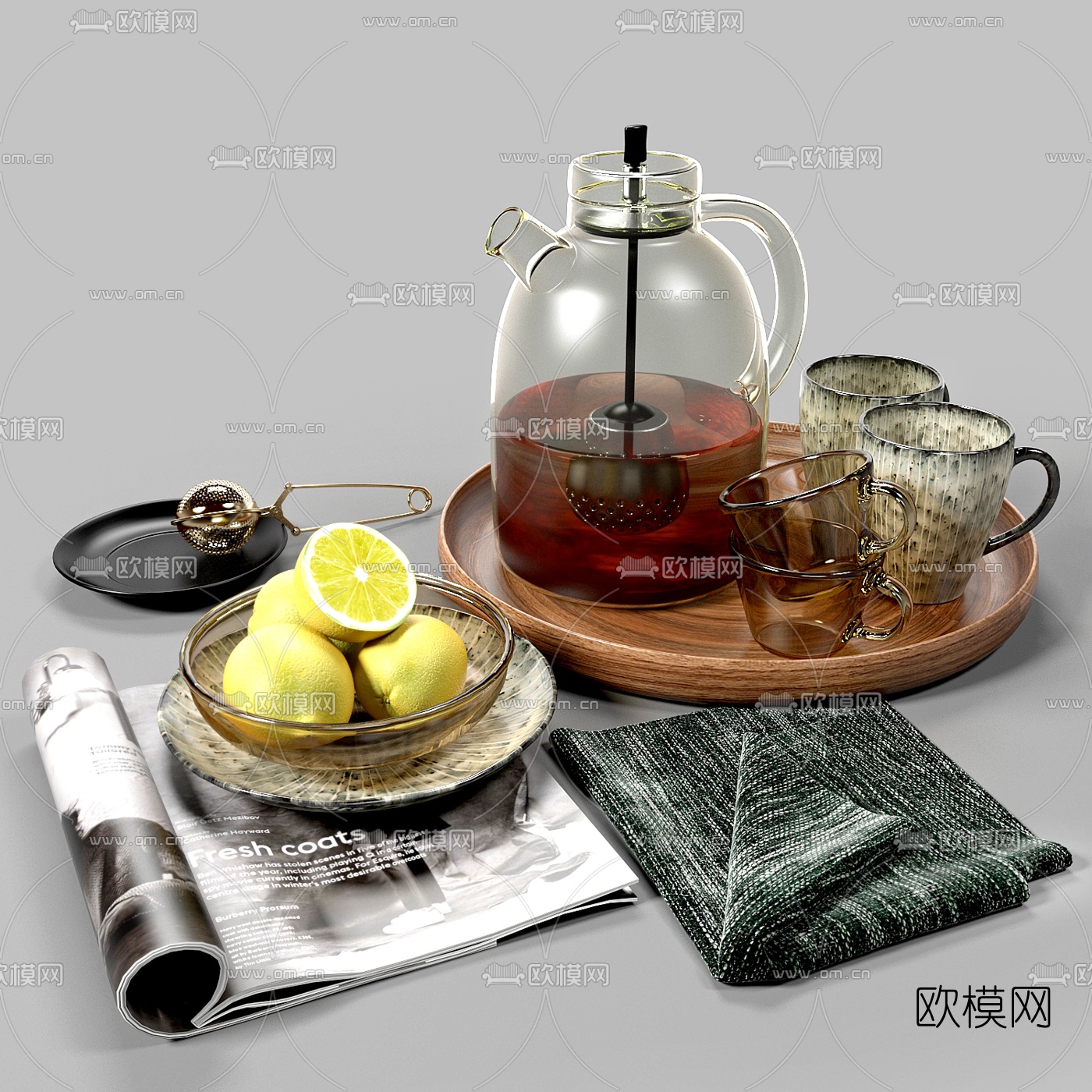 现代茶具水果摆件3d模型