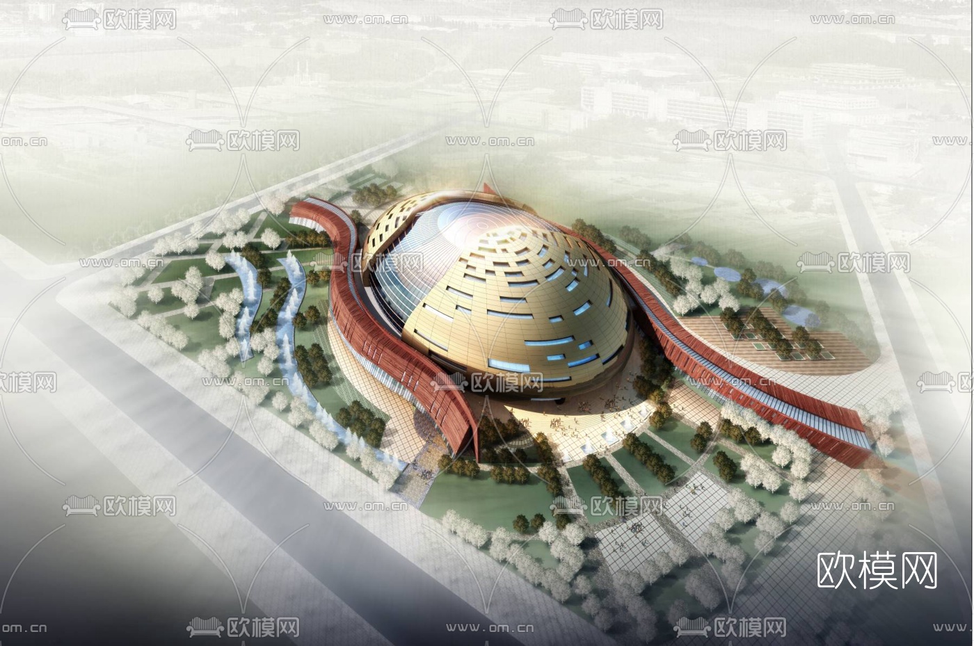 现代体育馆外观鸟瞰3d模型下载（渲染图1）