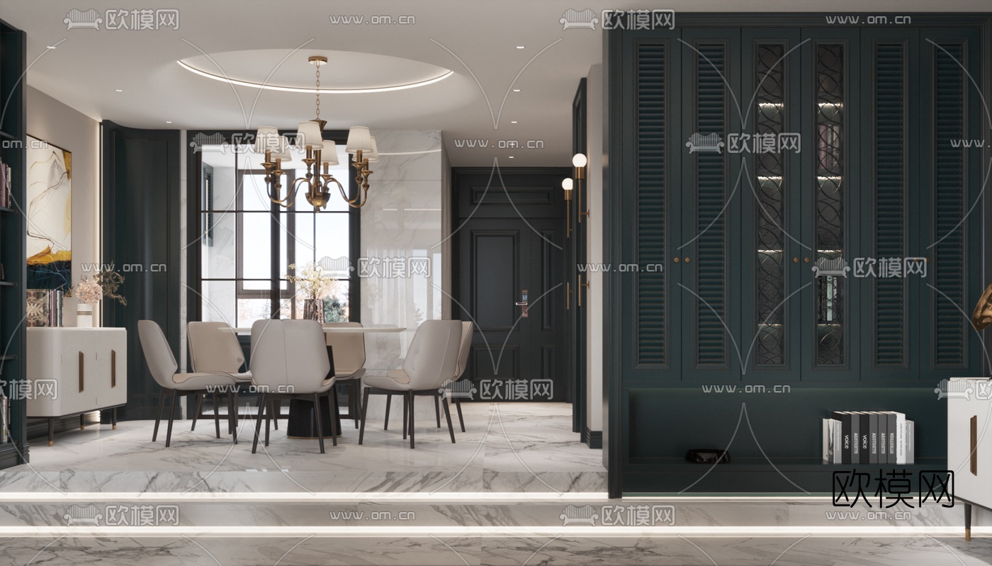 简欧客厅餐厅3d模型下载（渲染图2）