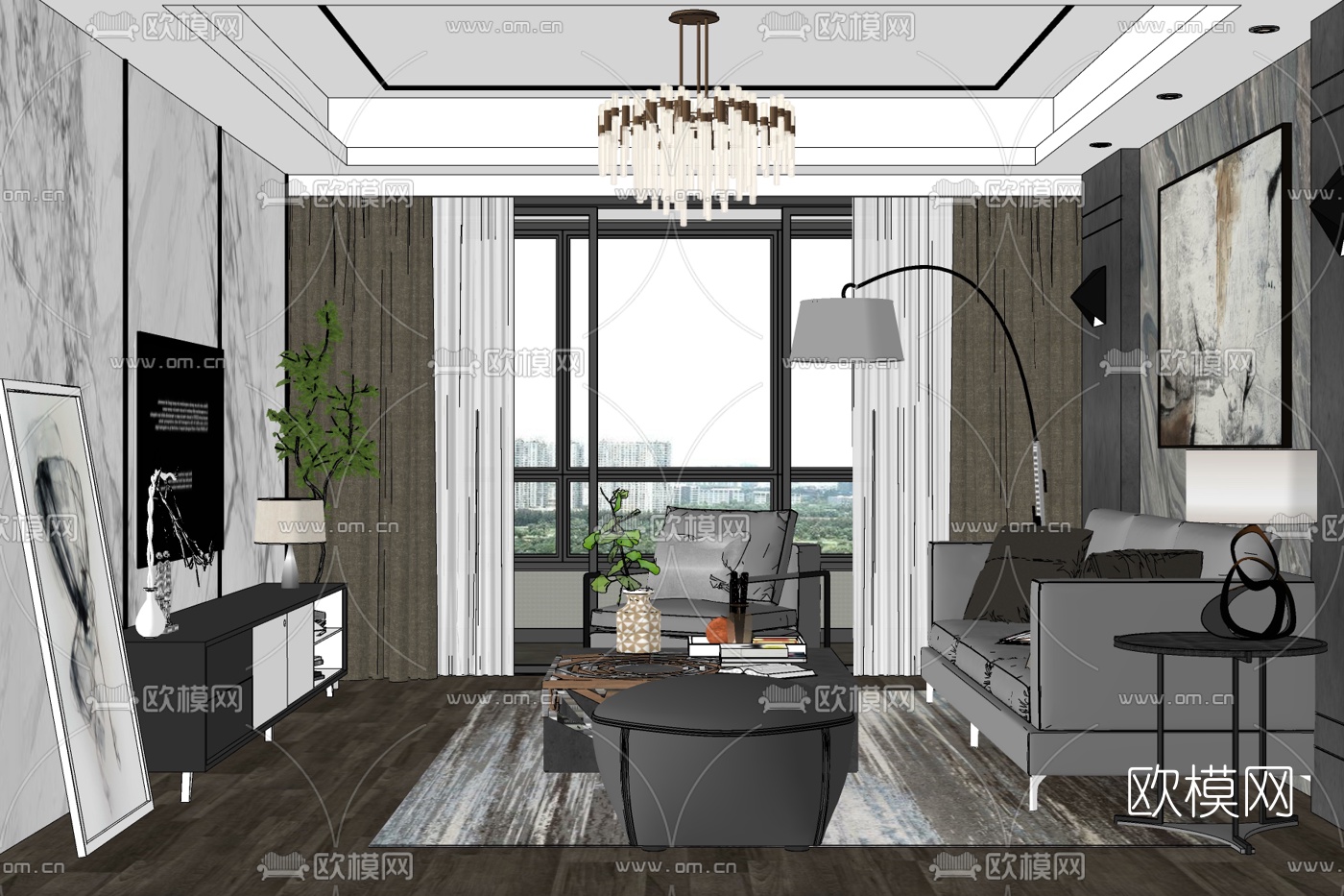 现代客厅免费su模型下载