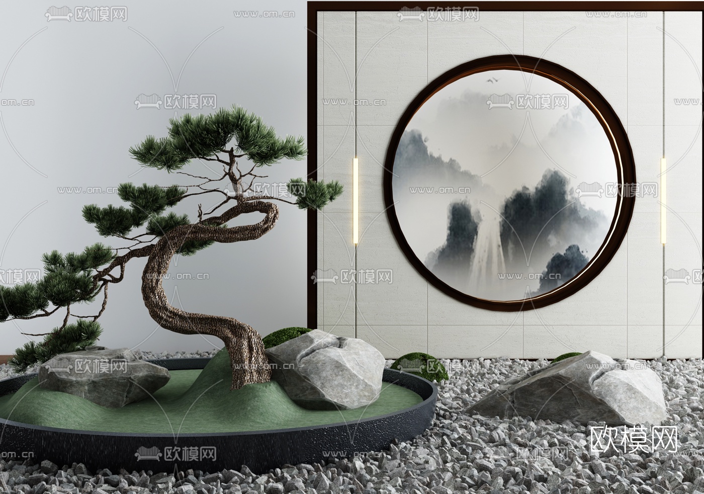 新中式松树山石景观小品3d模型下载