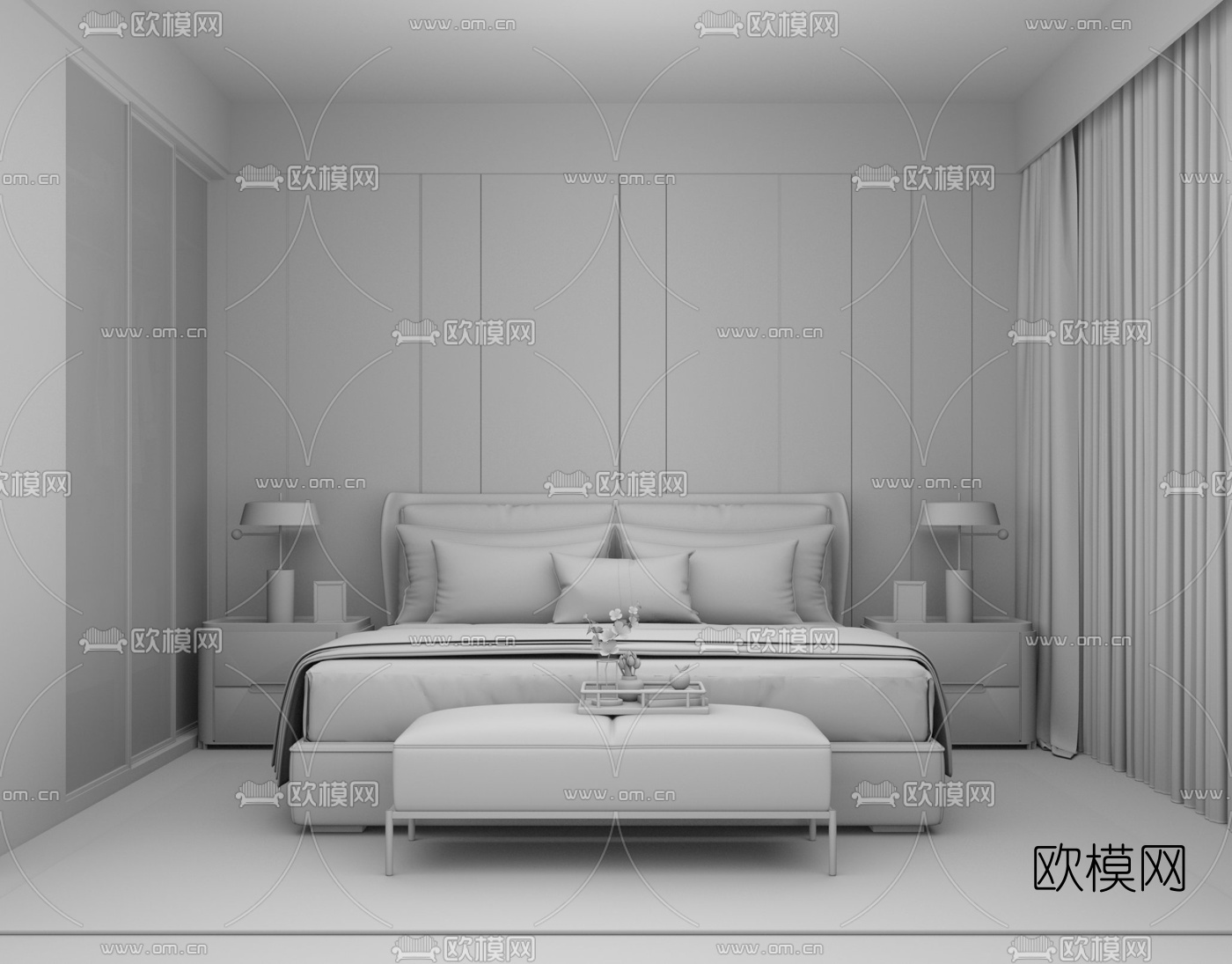 现代布艺双人床su模型下载（渲染图3）