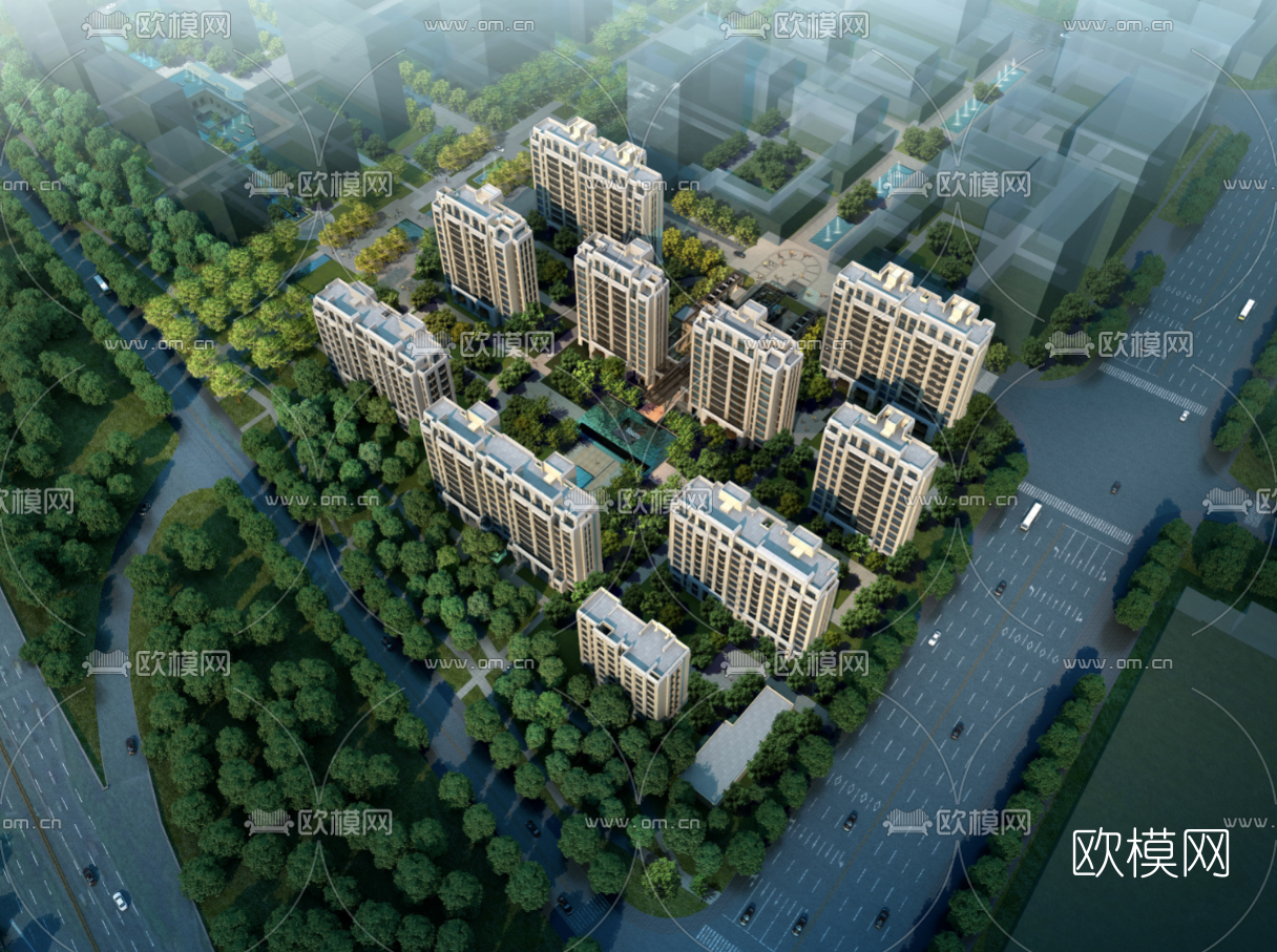 现代高层住宅小区su模型下载（渲染图3）