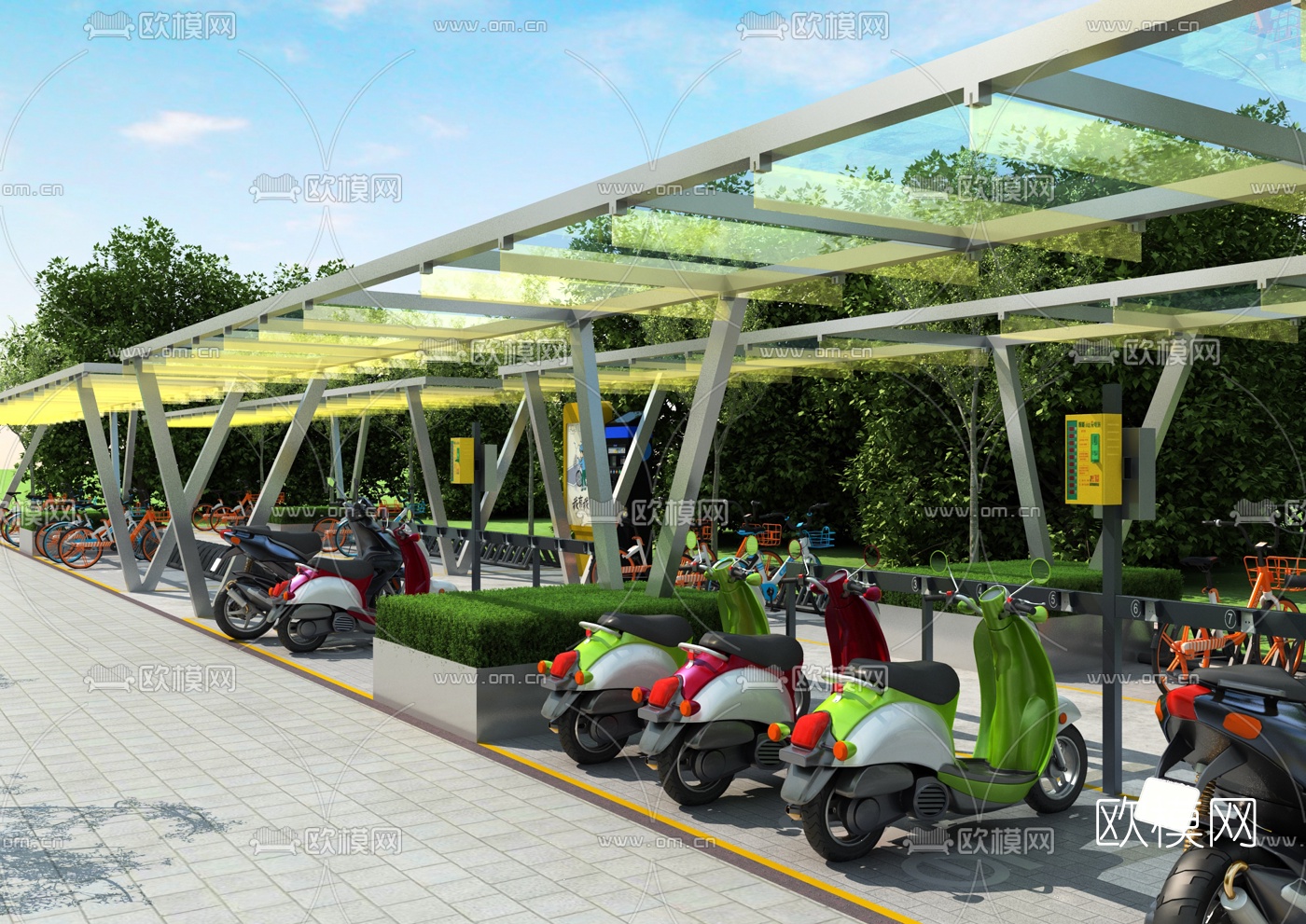 现代自行车棚停车棚3d模型下载（渲染图2）