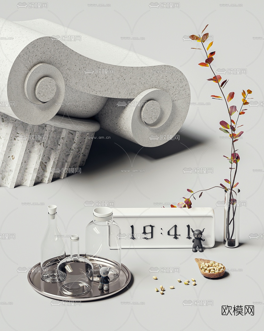 现代水生植物闹钟器皿摆件3d模型下载（渲染图1）