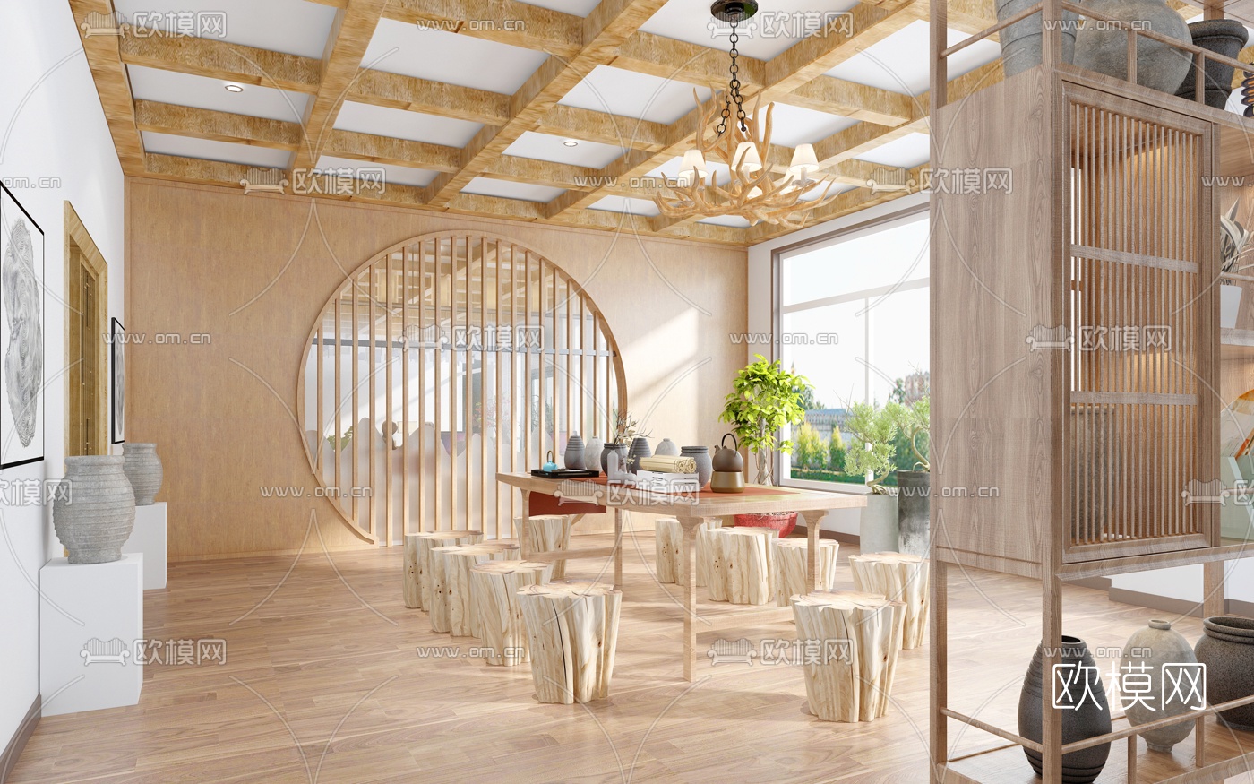 自然风民宿大厅客房茶室免费3d模型下载（渲染图3）