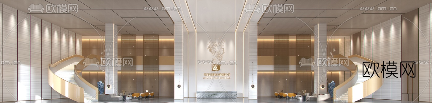 新中式公司办公楼大堂前台3d模型下载（渲染图1）