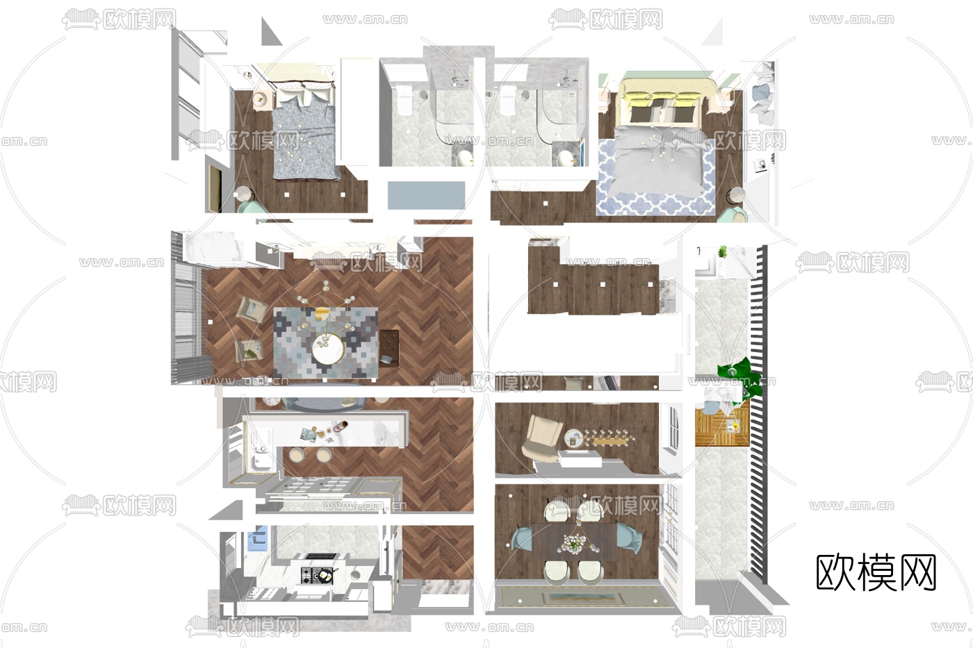 现代公寓整装免费su模型下载