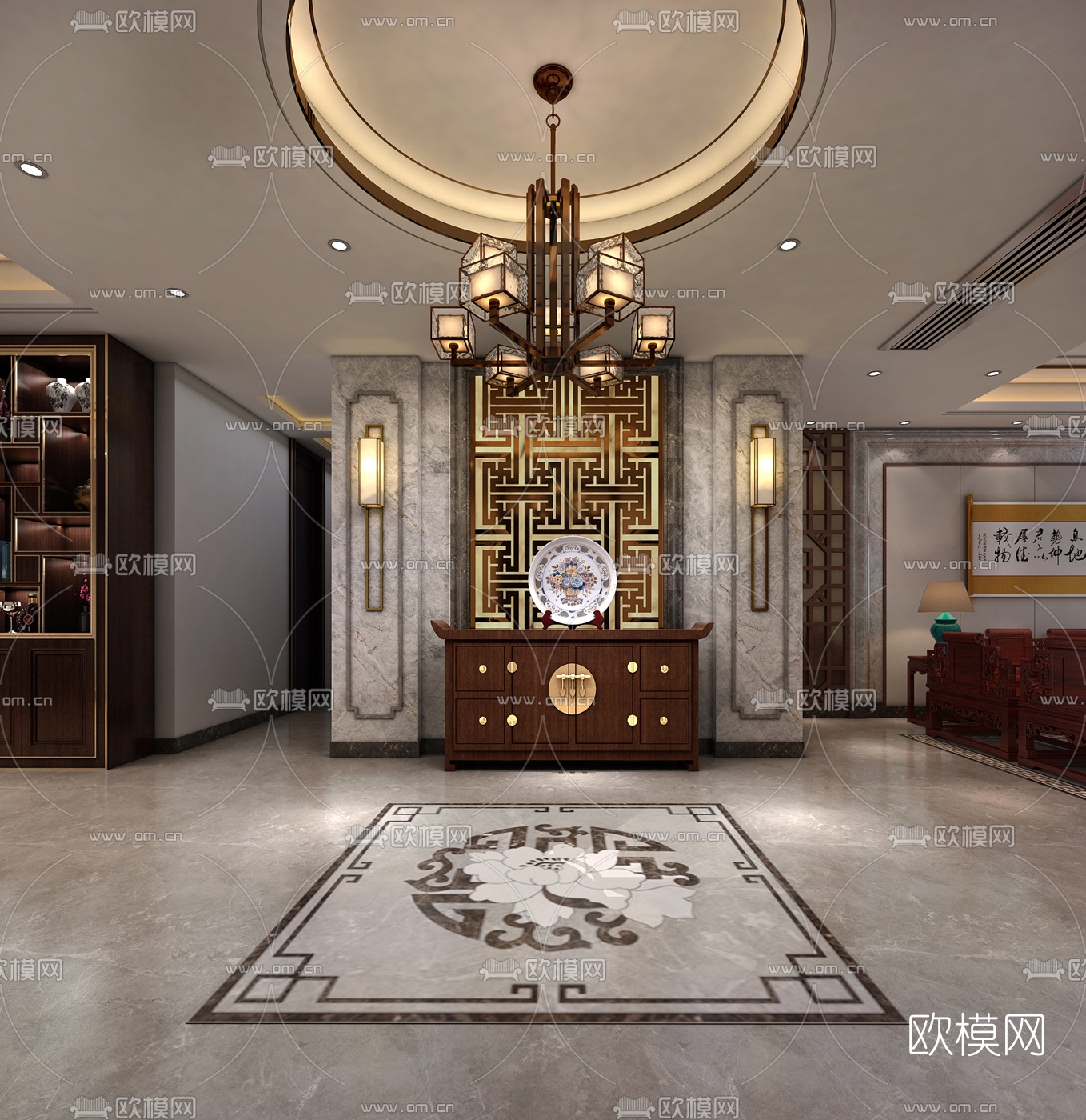 新中式玄关走道免费3d模型下载